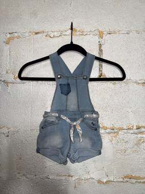 7 For All Mankind Girls Denim Shortall Overalls with Floral Tie Belt Size 24M